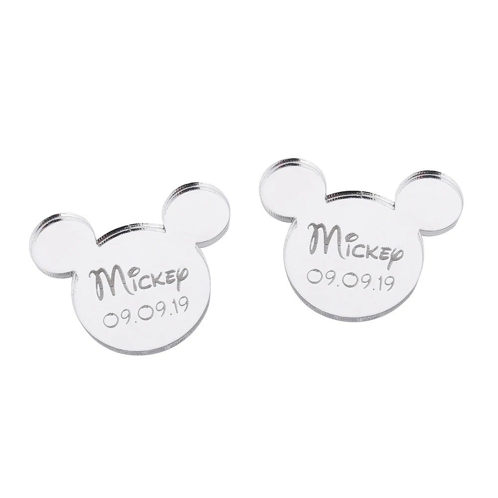 Style2 Silver 12 шт. персонализированные гравированное зеркало Микки Маус надписи имя карты метки ребенок душ украшение для вечеринки в день рождения 40 мм без отверстия - Цвет: Style2 Silver