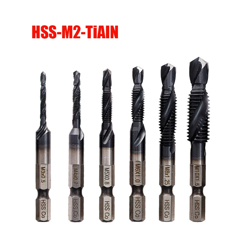 

1/6PCS M3-M10 Screw Tap Drill Bits HRC89 TiAlN Coated HSSCO M35 Cobalt Taps Metric Combination Bit 6.35 1/4" IN Hex Quick Change