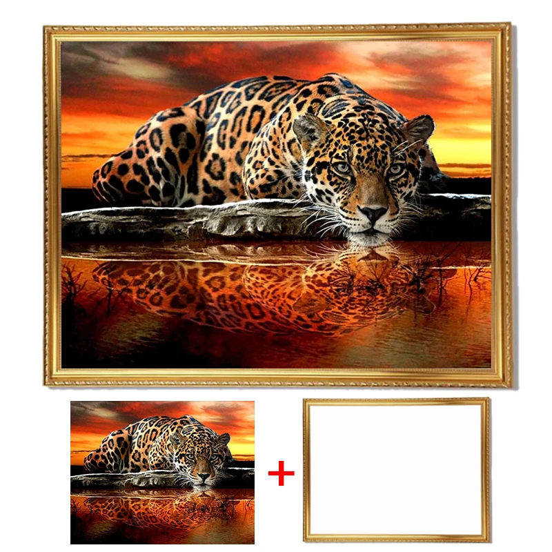

Framed Diamond Painting "Leopard Tiger" Diamond Embroidery mosaic full round Rhinestone pasted wall painting arts
