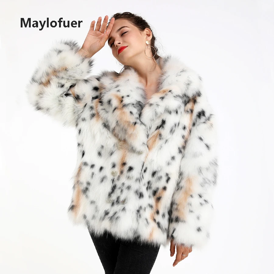 Maylofuer, новинка, леопардовая куртка из лисьего меха, женская шуба, шуба из натурального белого лисьего меха, шубы для зимы, теплые, негабаритный стиль, с воротником