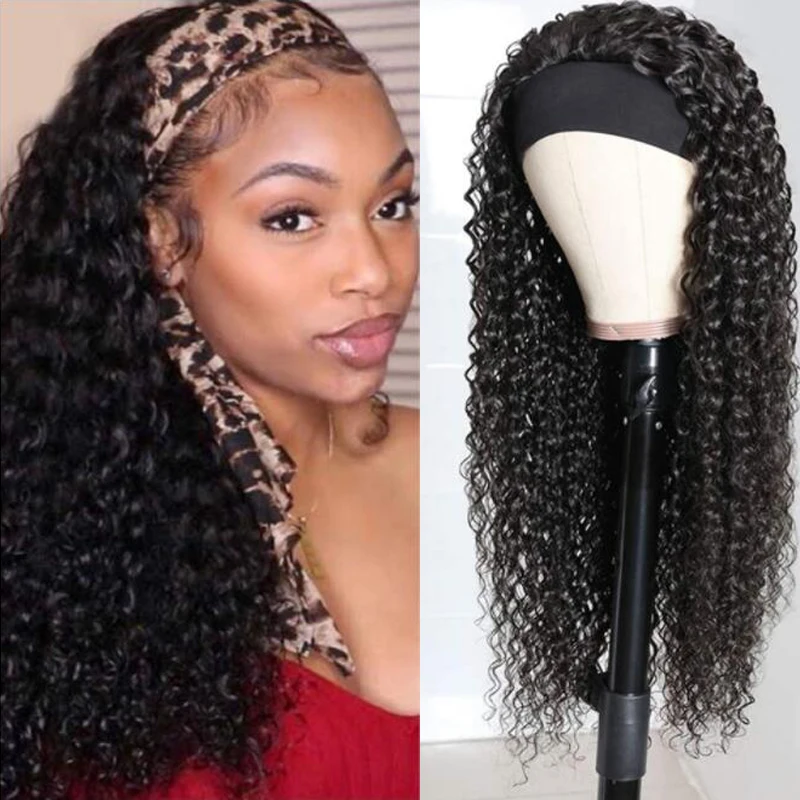

Zwjsh Headband Wig Curly Human Hair Glueless Full Machine Made Malaysian Deep Curly Remy Hair Wigs Natural Black Color