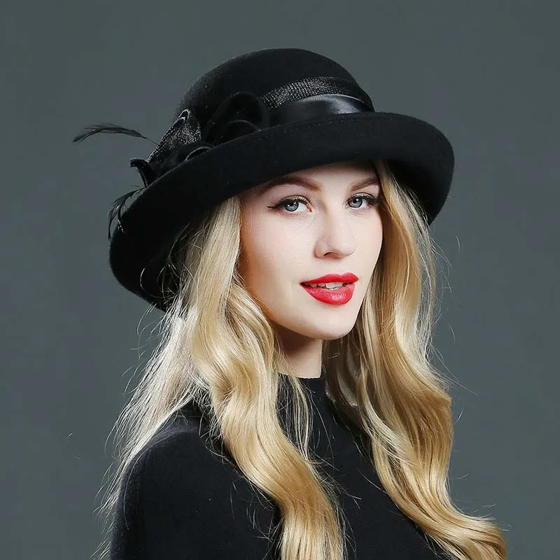 Зимняя теплая шерстяная шляпа Женская винтажная фетровая элегантная с цветочным