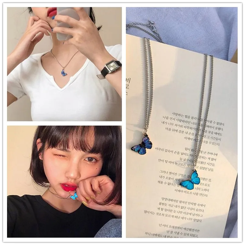 

2020 Hot Kpop Harajuku Cute Colorful Butterfly Pendant Necklace Alloy Neck Chain Necklace For Women Girl Aesthetic Jewelry