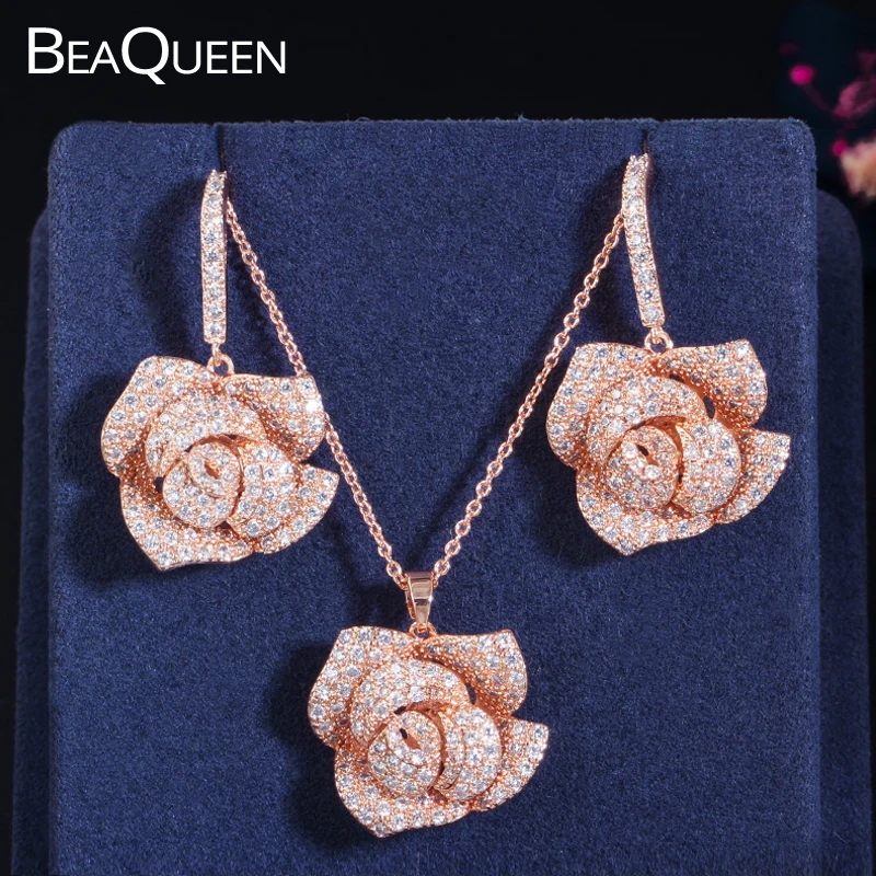 BeaQueen Romantic Rose Gold Color Big Flower Drop Earring Pendant Necklace Set Cubic Zirconia Crystal Wedding Jewelry JS113|Ювелирные