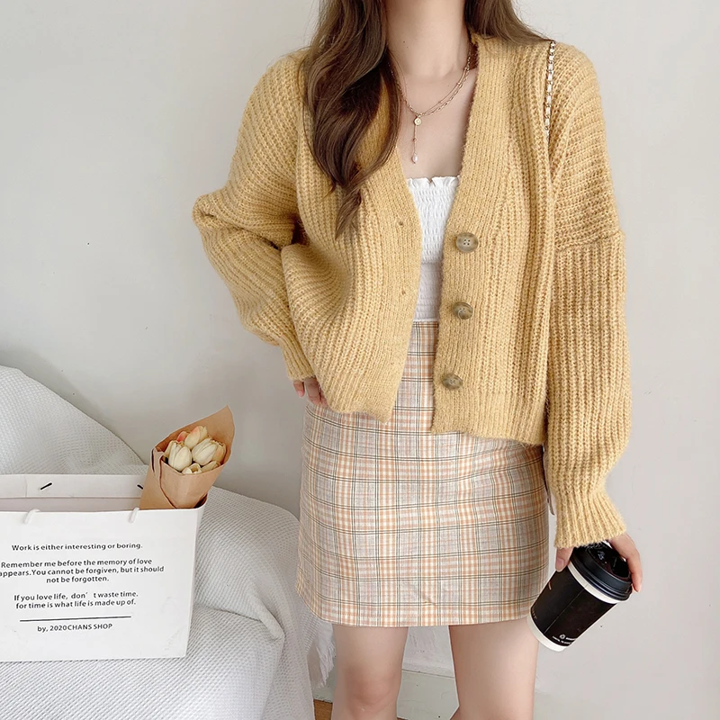 

Свитера, Осень-зима 2021, кардиганы, вязаные однобортные модные однотонные короткие кофты на пуговицах в Корейском стиле разных цветов, LX0067