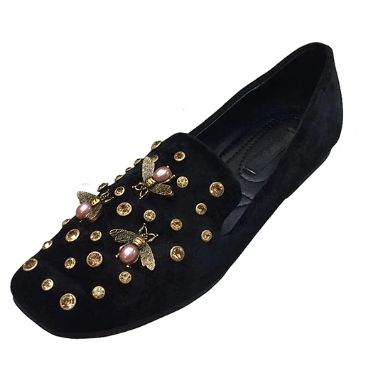 Черный Фитнес Diamond Rhinestone Черный Кристалл Квадратный Toe Bee Дамы Красивые Квартиры Обувь Китайские Мокасины Весна Осень Замша Женщины - Цвет: Черный
