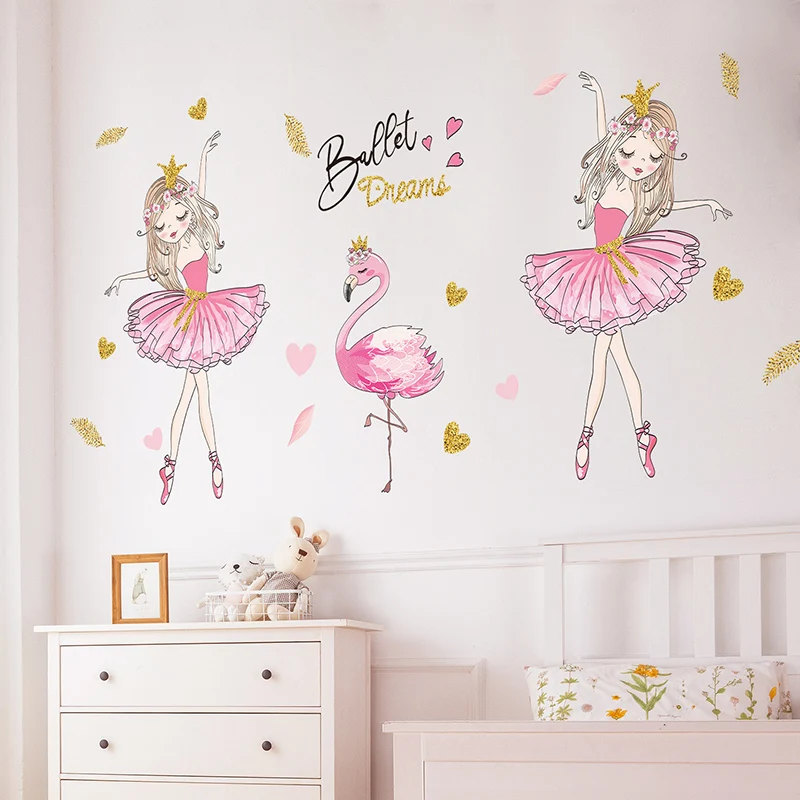 [shijuekongjian] Cartoon Girl Dancer Wall Stickers DIY Green Leaves Decals for Kids Rooms Baby Bedroom Home Decoration | Дом и сад