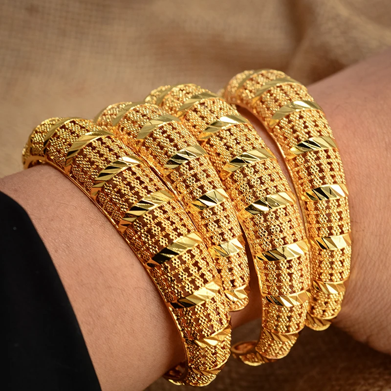 

24K 4pcs Gold Color Shiny Distortio Bangles for Women Girls Dubai Circle Bracelet Jewelry Ethiopian Bride Wedding Jewerly Gift