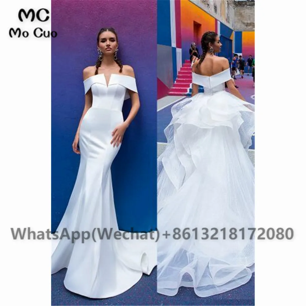 

2021 Newest Off Shoulder Wedding Dresses with Train Ruffles Tiered A-Line Bridal Gowns Floor Length Hard Satin Boho vestido de