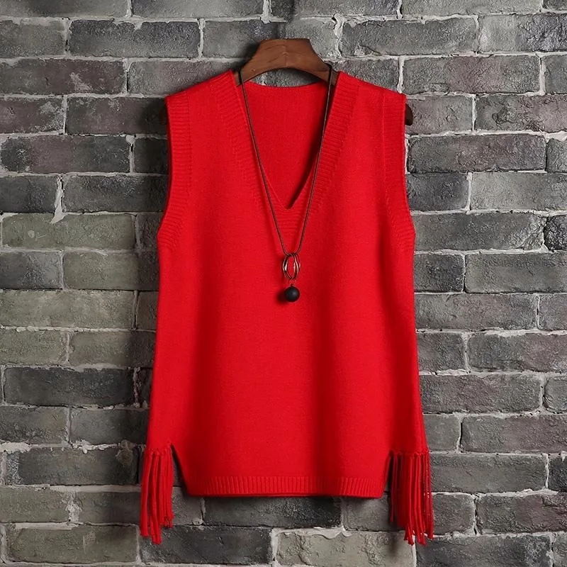 

V-neck Sweater Vest Women Short Casual Loose Fringed Student Knitted Halter Korean Version Of The Wild 2021 Spring Jumper Girl