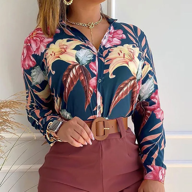 

Women Vintage Floral Print Lacing Blouse Shirt Autumn Long Sleeve Sexy V Neck Ladies Top Casual Button Female Fashion Slim Blusa