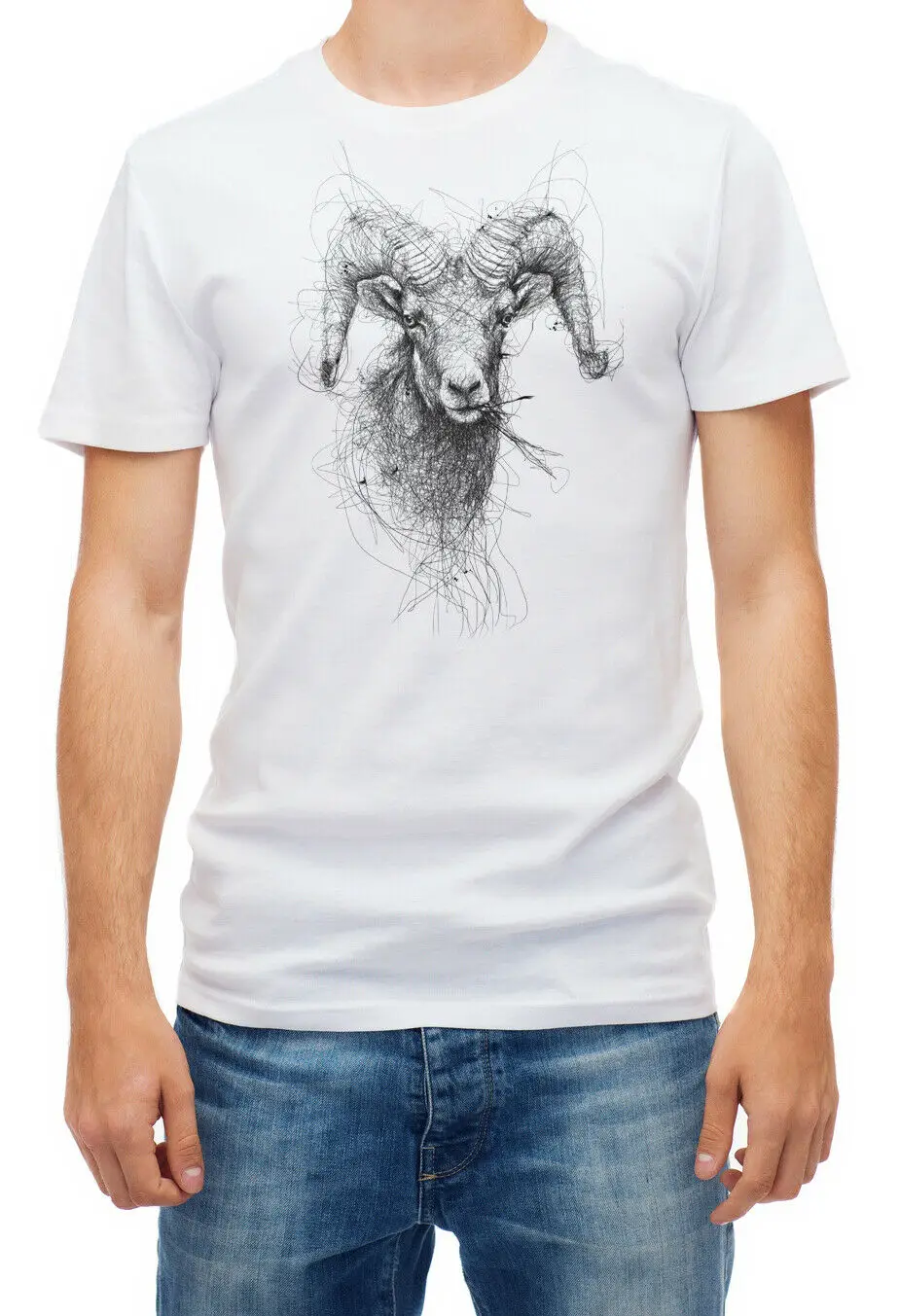 Black Drawing Goat Head Short Sleeve White Men'S Top Quality T Shirt |
