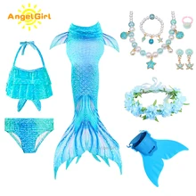 AngelGirl 2021 Girls Swimmable Mermaid Tail Princess Dress with Monofin Kids Holiday Mermaid Costume Cosplay Swimsuit Birthday