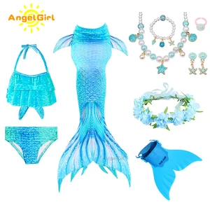 angelgirl 2021 girls swimmable mermaid tail princess dress with monofin kids holiday mermaid costume cosplay swimsuit birthday free global shipping