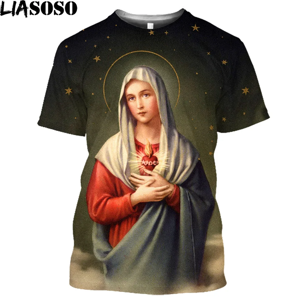 

LIASOSO 3D Guadalupe Virgin Mary Catholic Print T-shirt Summer O-neck Fashion Casual Short Sleeve Harajuku Style Clothing Top