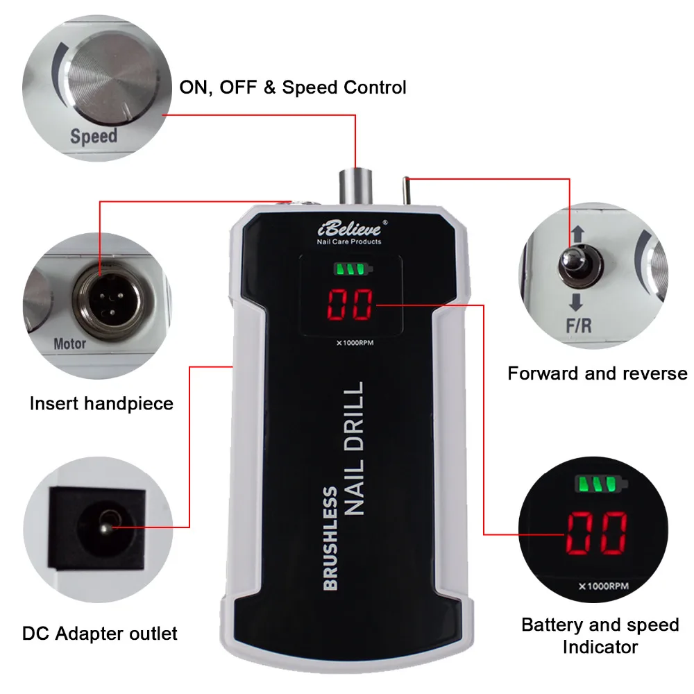 Электрическая дрель для маникюра 65 Вт 35000 об/мин Аккумуляторная педикюра с