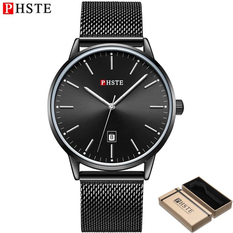 Черный PHSTE Men Quartz Watch Japan Movt Luminous Date Thin Clock Waterproof Black Steel Mesh Luxury Male Wrist Watch Relogio Masculino - Цвет: Черный