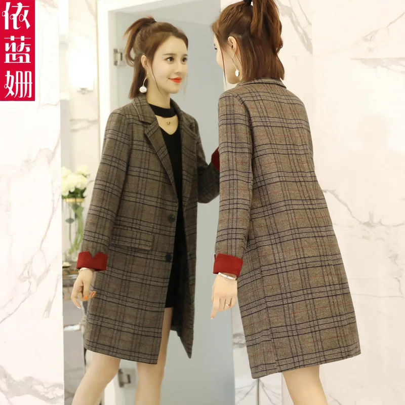 

Autumn windbreaker female medium and long Korean version autumn 2018 new popular small chic plaid suit coat tide