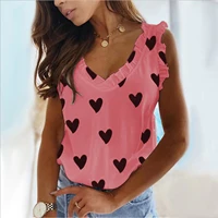 heart print sleeveless shirt women summer sexy casual loose v neck tees off shoulder pleated tshirt ropa de mujer vintage s 5xl
