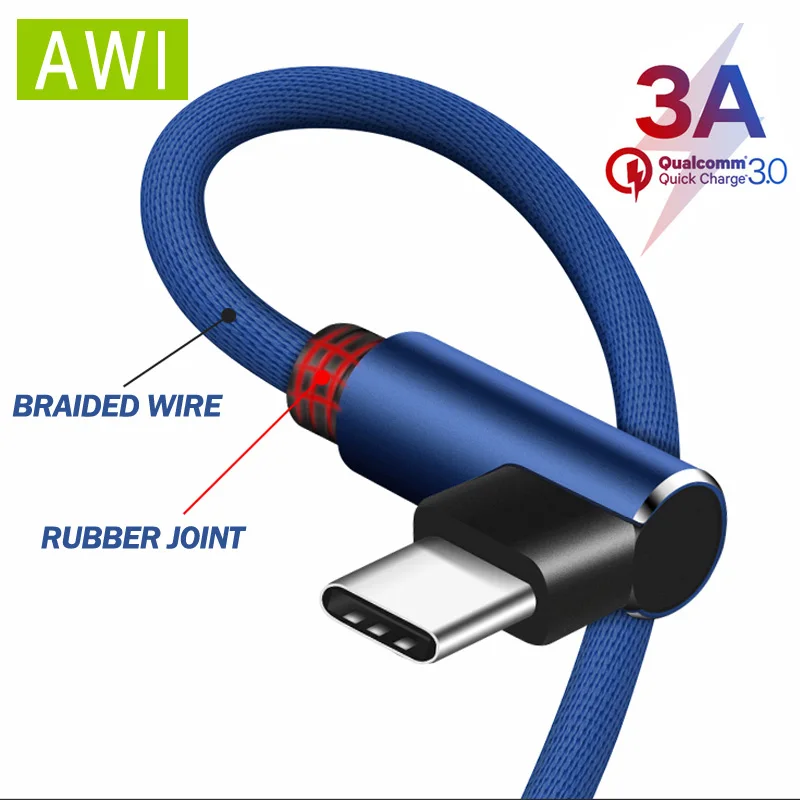 USB Type C кабель AWI 90 градусов для Samsung S9 S8 быстрая зарядка Huawei P30 Pro Xiaomi Redmi Note передачи