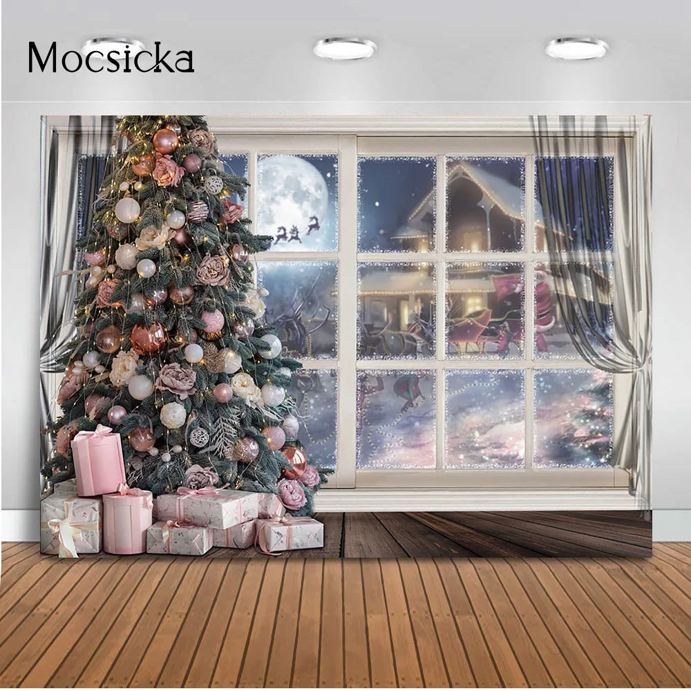 

Christmas Tree Windows Backdrop for Photography Santa Claus House Background for Photo Studio Photocall Winter Snow Decoration