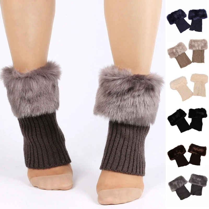 

1 Pair Women Girls Winter Warm Crochet Knitted Boot Cuffs Topper Thicken Furry Plush Solid Color Stretchy Short Leg Warmers Boot