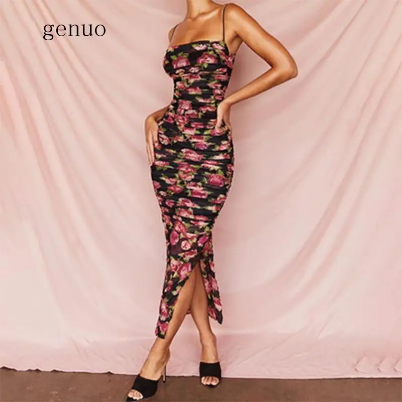 Vintage Floral Print Black Party Dress Off Shoulder Sexy Backless Ruched Split Maxi Women Bodycon Vestidos Robe Femme | Женская одежда