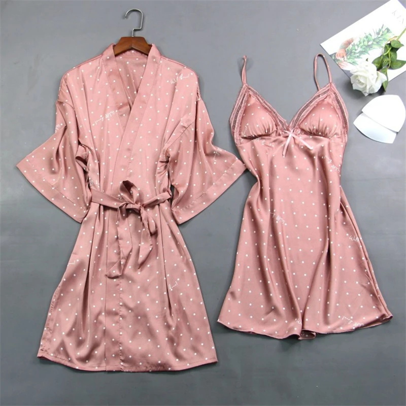 

Nighty Robe Set Nightshirts Sleep Suit V-Neck Pajamas Women 2Pcs Sleepwear Homewear Nightdress Negligee Gown