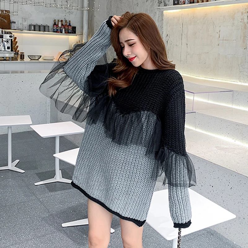 GALCAUR корейский стиль лоскутные кружевные свитера для женщин круглый вырез