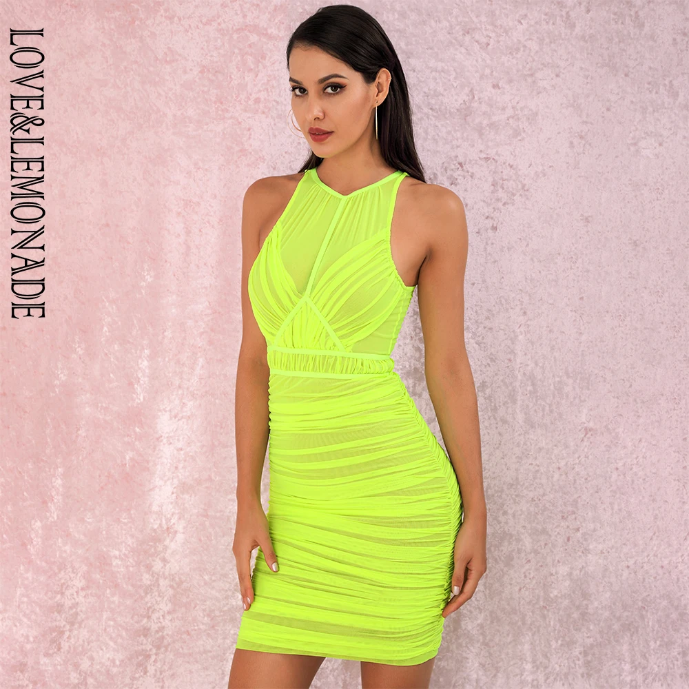 Женское вечернее мини платье LOVE & LEMONADE ФЛУОРЕСЦЕНТНОЕ зеленое Плиссированное