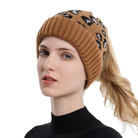 2021 new autumn winter leopardponytail beanie hat women stretch knitted s cap hats for warm lady
