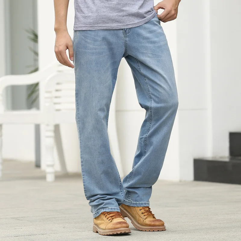 Summer Thin Section Men Jeans Straight Large Size Loose Elastic High Street Denim Pants Light Blue Streetwear Hip Hop Jeans
