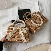 vacation women rattan woven handbag pearl tote lunch bags casual ladies basket summer women girls small beach handbag