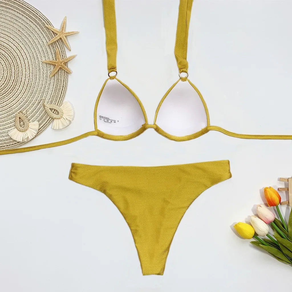 

High waist bikinis 2021 mujer Retro swimsuit metal ring lace up swimwear women bathers Push up biquini bathing suit 2 pieces