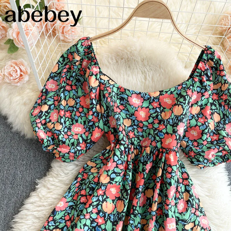 

Women Floral Printed dress Square Collar short puff sleeve A line dresses summer Bohemian Beach Midi Dress