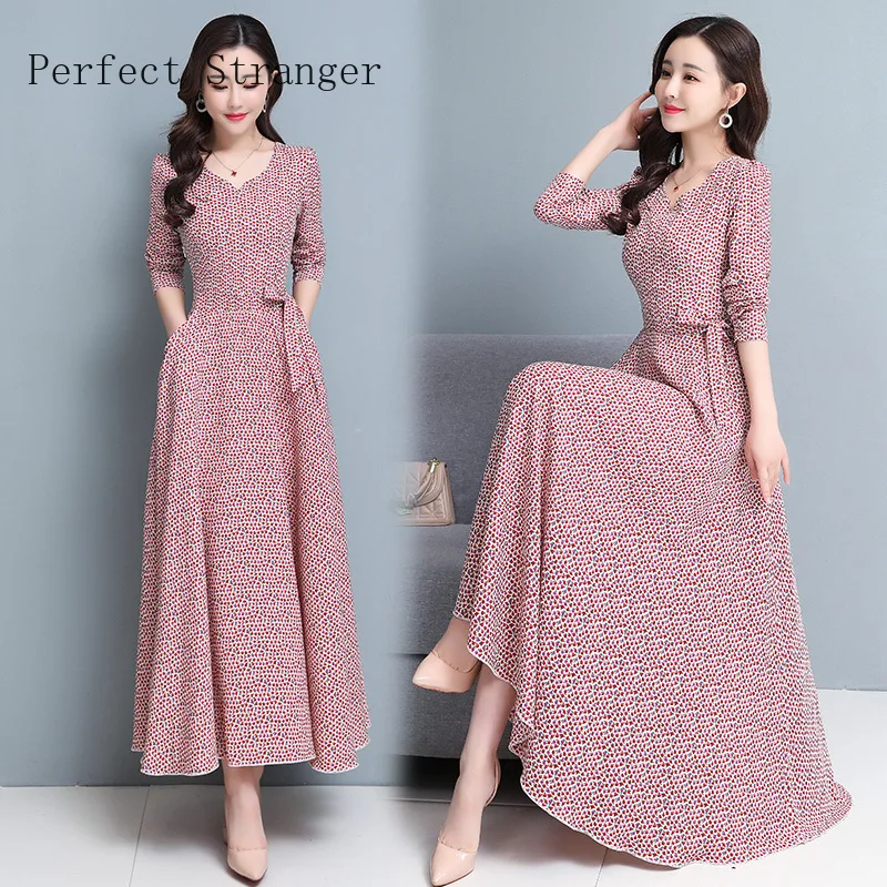 

2021 Spring Autumn New Arrival V Collar Flower Printed Long Sleeve Collect Waist Women Chiffon Long Dress