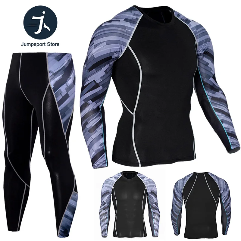 Мужской спортивный комплект для бега компрессионная футболка + штаны облегающие