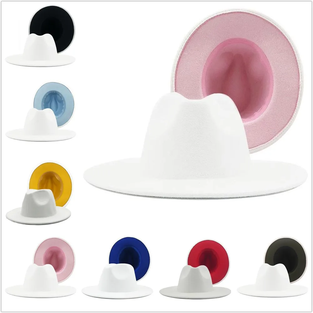 Classic Winter Women Top Hats White Outer Two Tone Wide Brim Church Hats Autumn Men Patchwork Panama Hat Trilby Fedora Caps