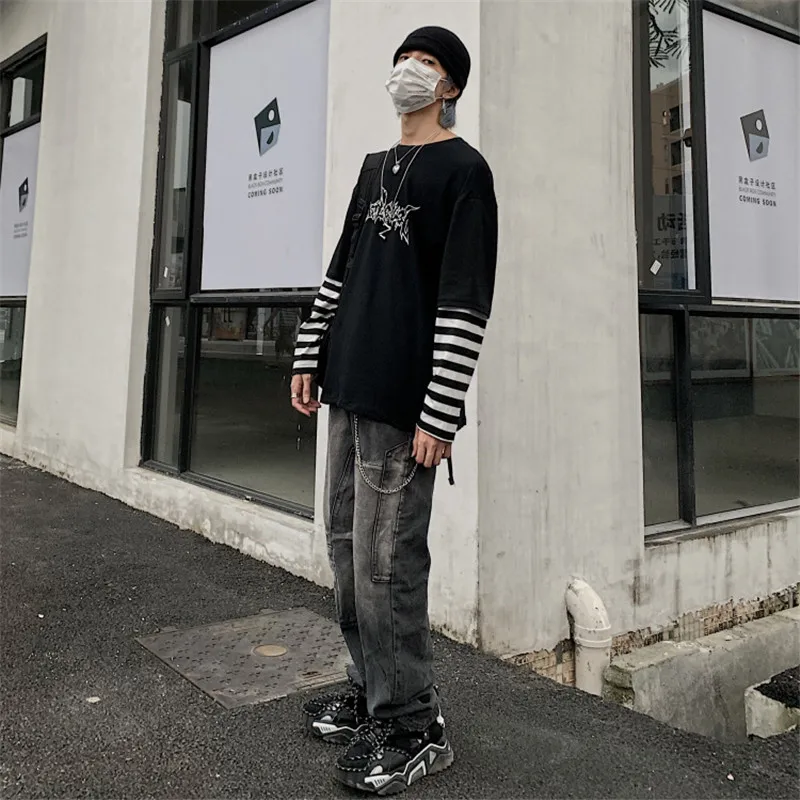Lychee Harajuku Лоскутная полосатая женская футболка поддельные 2 шт Женская футболка с буквенным принтом с длинным рукавом женские футболки