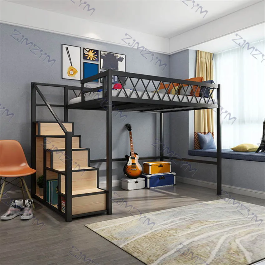 Twin Size Space-Saving Metal Loft Bunk Bed Single Modern Student Dormitory Sturdy Frame Guard Rail Stairs | Мебель