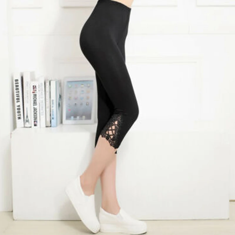 

Women Solid Lace Decor 3/4 Modal Cotton Capri Legging Pant Summer Clothes One Size