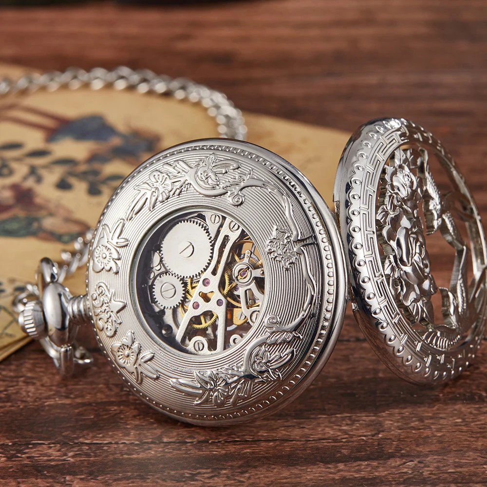 2022 Gold Phoenix Mechanical Pocket Watch Men Women Rose Hollow Steampunk Chain Double Clock Roman Dial Silver Necklace Pendant
