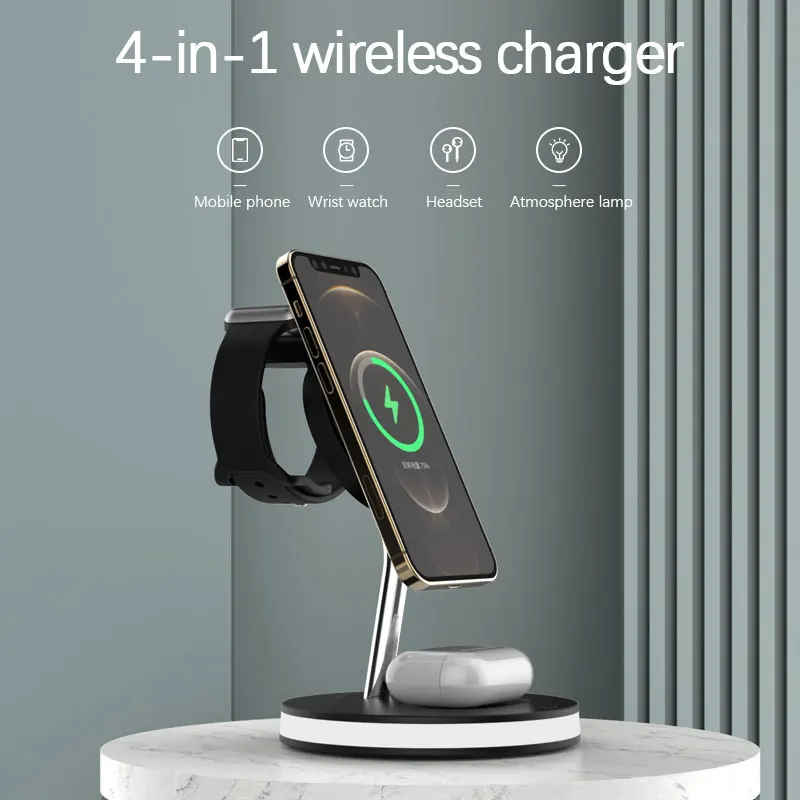

Magnetic 4 In 1 Dock Statio Portable 15w Charger Stand Pad For Earphone Watch Desk Lamp Phone Holder Wireless Abs Charger