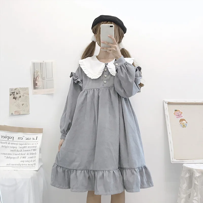 Осенне-зимнее Повседневное платье в стиле Лолиты Kawaii, новое японское милое ретро платье с кукольным воротником, свободное плиссированное платье с длинными рукавами