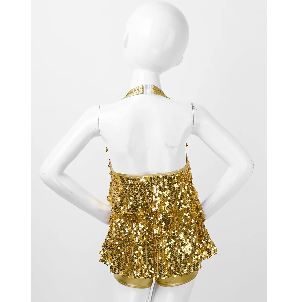 Kids Girls Halter Shiny Sequins Jazz Ballet Dance Shorty Unitard Dress Modern Jazz Latin Dancing Costumes Sequins Rave Outfits