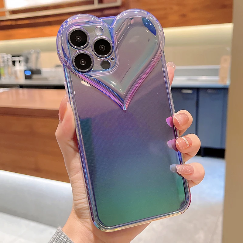 Яркий чехол для телефона INS Style Laser Love Heart iPhone 13 Pro Max 11 12 XR XS 7 8 Plus X корейские мягкие