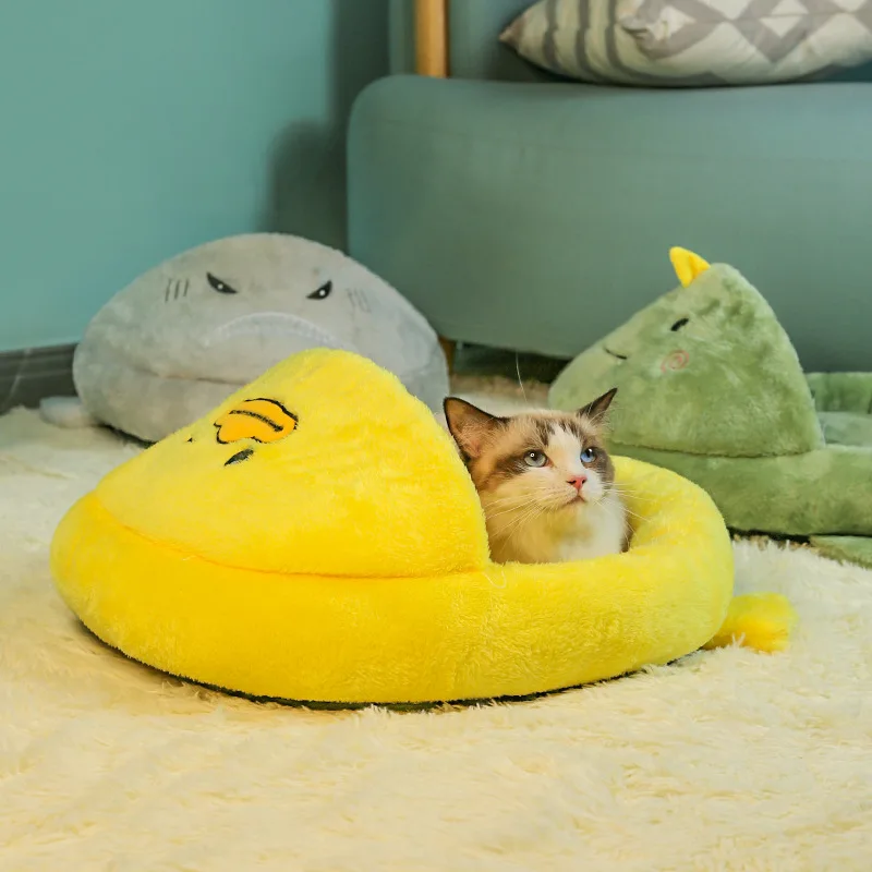 

Pet Cat Nest Kitten Winter Warm Antistatic Sleeping Bed Puppy Half Cover Cushion with Non-slid Button Cartoon Shape Pet Houses