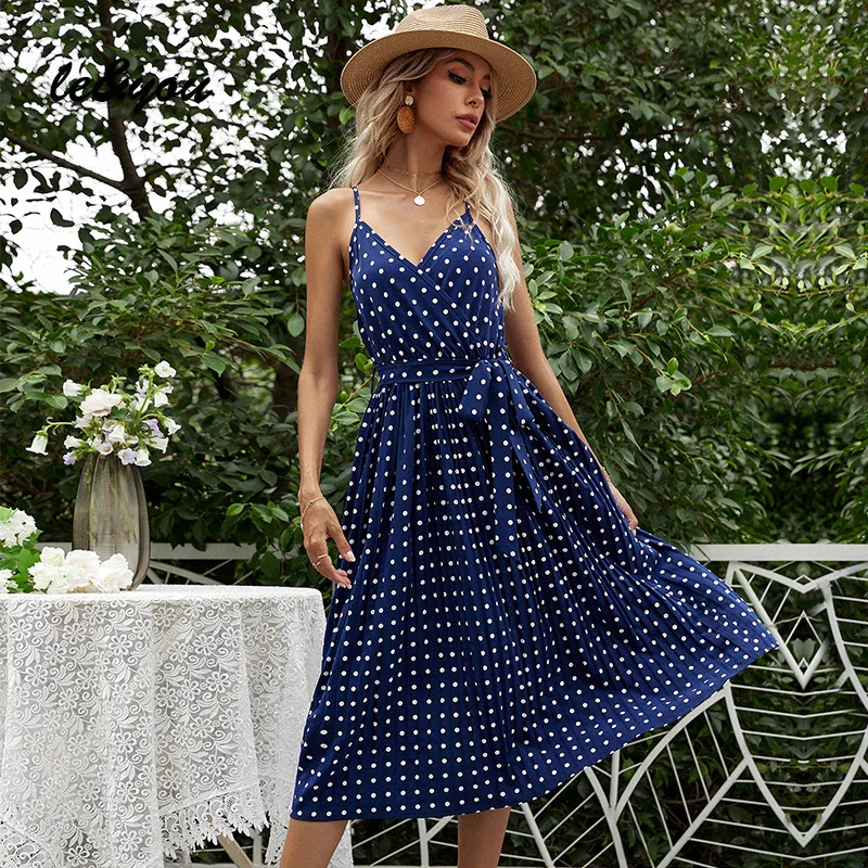 

Vintage Camisole Summer Women's Dresses for 2021 V-Neck Priting Dot Folds Lace-up A-LINE Polyester Mid-Calf Gothic Dress