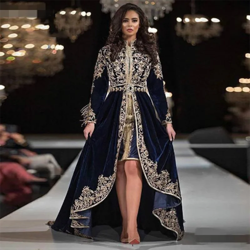 

Elegant Long Sleeves Dark Blue Embroidered Algerian Karakou Evening Dresses High Low Long Prom Gowns Custom Made Party Dresses