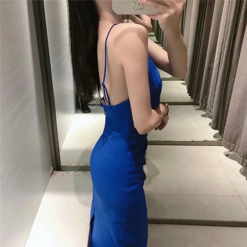 

TRAF Za Pleated Dress Woman Blue Slip Dress Women Backless Ruched Summer Dresses 2021 Sleeveless Slim Sexy Party Dresses